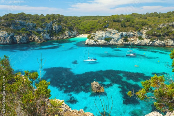 Fototapeta View over Macarella bay to Macarelleta beach, Menorca, balearic island, Spain