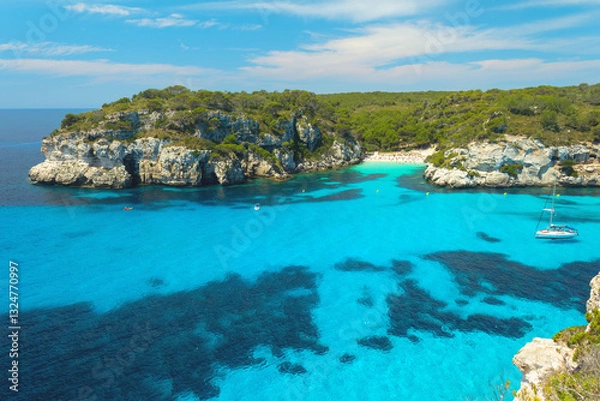 Fototapeta View to Cala Macarelleta beach at Menorca, balearic island, Spain