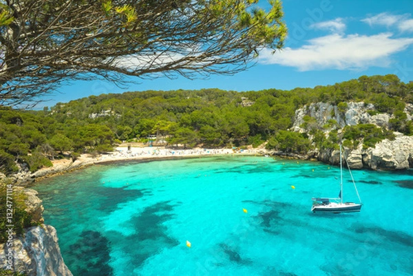 Fototapeta View to Cala Macarella beach at Menorca, balearic island, Spain