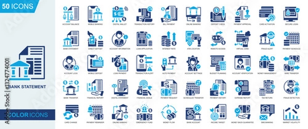 Fototapeta Bank statement icon collection set. Account Balance, Mobile Banking, Digital Wallet, Transaction History, Payment Approval, Card Activation icon. Simple flat vector