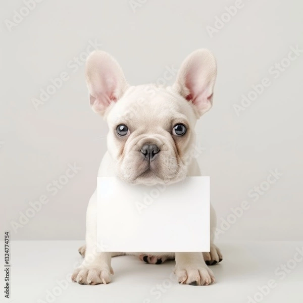 Fototapeta Cute White French Bulldog Puppy Holding a Blank Sign in Front of a Plain Background