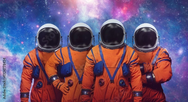 Fototapeta Crew of astronauts on space galaxy background. Spaceman mission. Elements of this image furnished by NASA 