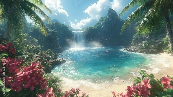 Obraz Secluded Paradise: Waterfall cascading into a serene tropical cove