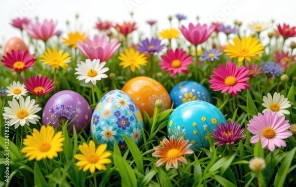 Obraz Colorful Easter Eggs Hidden in a Meadow of Spring Flowers