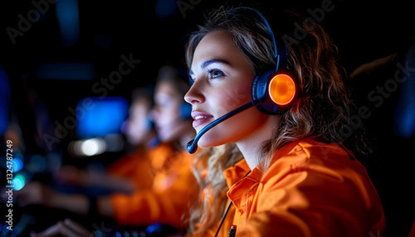 Obraz Focused young woman in headset, part of a team, likely in a call center or gaming environment