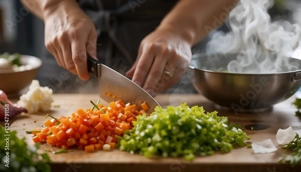 Fototapeta Chef cook preparing food in the kitchen, holding a knife, cutting green vegetables on the wooden cutting board on the table. raw nutrition ingredient, salad recipe, vegan cuisine, chopping, freshness.