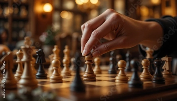 Fototapeta Boy playing chess and moving a piece