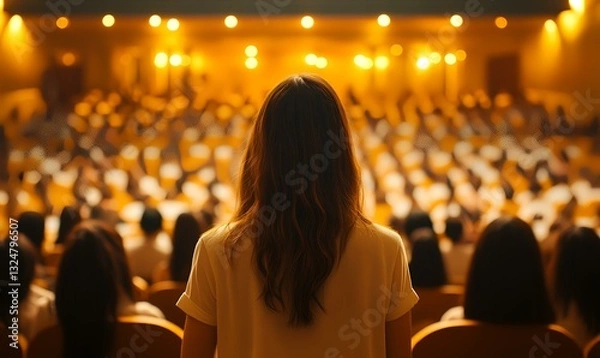 Fototapeta Woman watching audience in theater,  blurred background,  showing people sitting. Possible use for stock photography