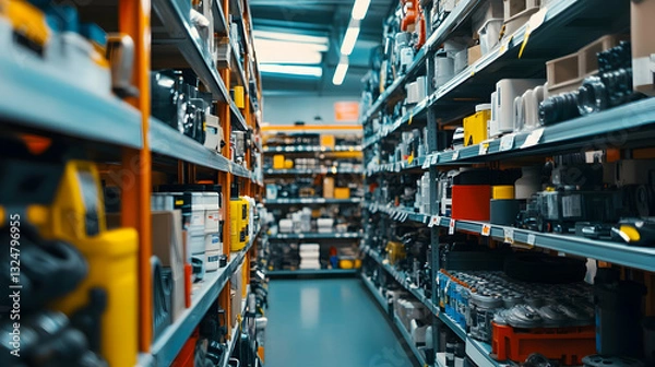 Obraz Shelves filled with car parts and accessories in an automotive store