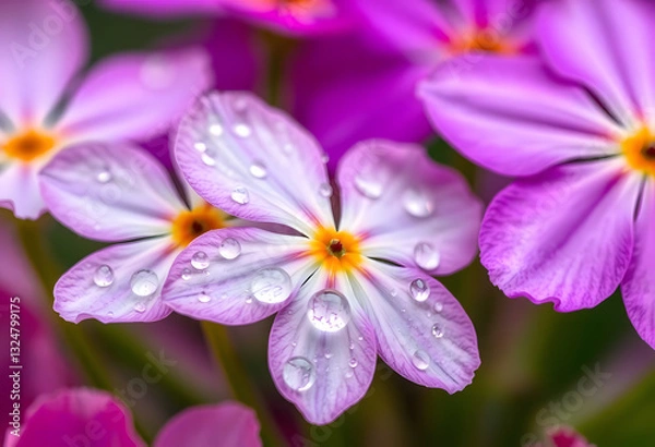 Obraz close up of violet flower with water drops