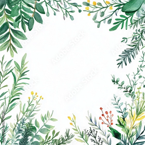 Fototapeta Watercolor hand-painted forest greenery frame with fir branches and wildflowers on a white background, flat watercolor painting, simple design, AI painting design, AI