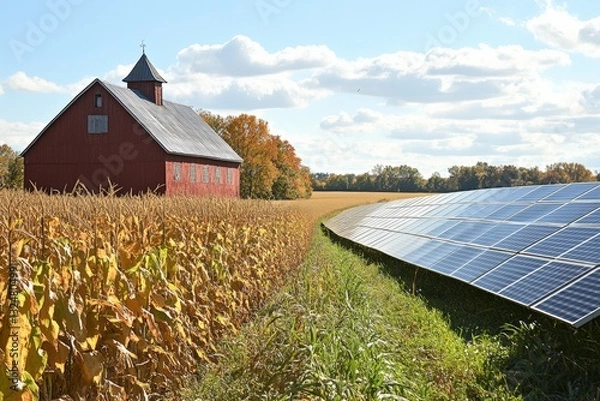 Fototapeta Solar panels positioned alongside a traditional red barn in a vibrant agricultural landscape during autumn Generative AI