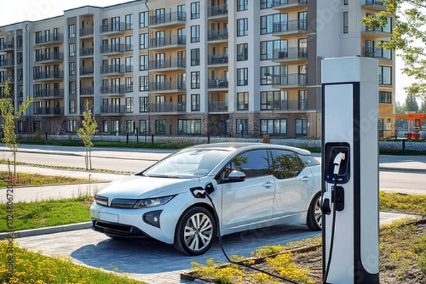 Fototapeta A sleek electric vehicle is plugged into a charging station in front of a contemporary apartment building on a sunny day. Greenery adds a lively touch to the development