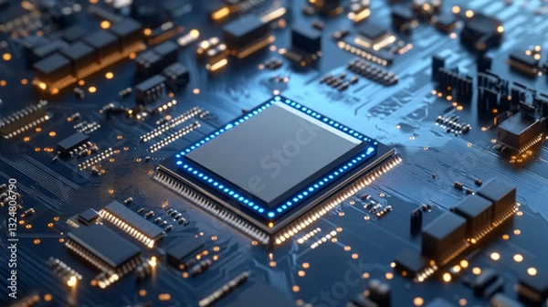 Fototapeta CPU of phone. Microchip, smd electronic components of mobile device on circuit board or motherboard. Digital Processor, parts of repair smartphone. Engineering and develop electronic microcontroller.