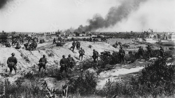 Fototapeta Battle of Las Piedras Historic battle scene: soldiers advancing in smoky battlefield