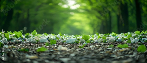 Fototapeta Discarded Plastic Bottles and Green Leaves on Forest Floor with Blurred Green Trees Background and Natural Sunlight