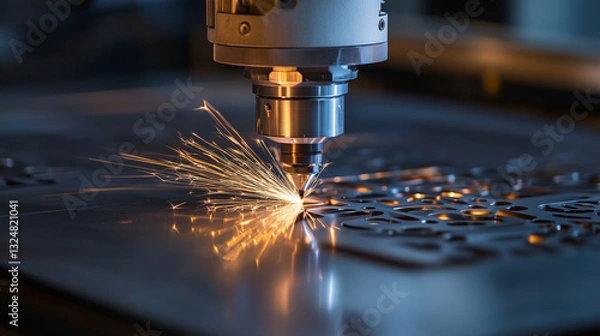 Fototapeta a laser cut machine is creating a metal plate