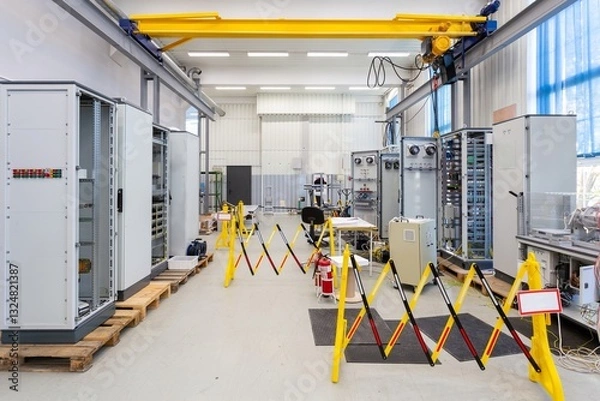 Obraz manufacturing of electrical cabinet with fuseboard equipment for large oil refinery, electrical control systems assembly shop, general plan