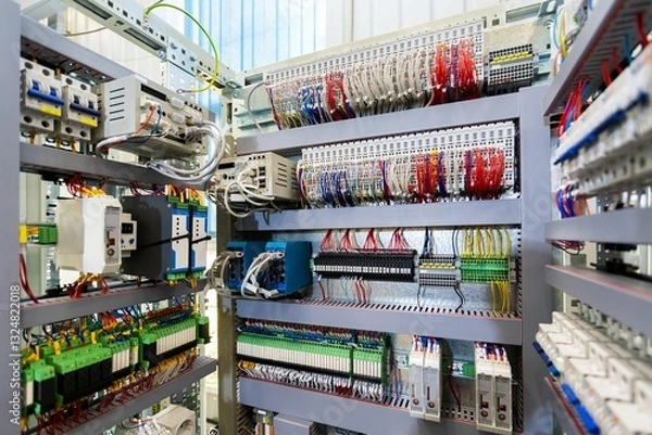 Obraz electrical cabinet with fuses, parts and components of electrical systems