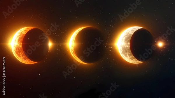 Fototapeta Solar eclipse in different phases. cosmos with moon and sun in total and partial solar eclipse and stars isolated on transparent background, vector realistic illustration. Ecliptic Light. Illustration