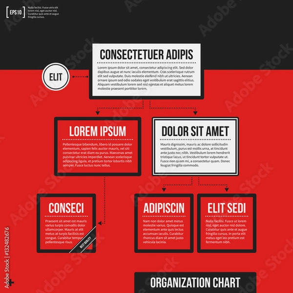 Obraz Organization chart template with geometric elements on bright red background. Useful for science and business presentations.