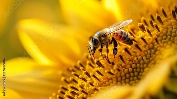 Fototapeta Close-up of a bee collecting nectar from a bright yellow sunflower in a sunlit field.  