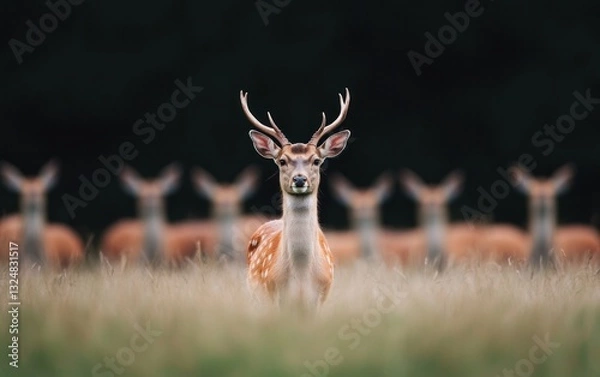 Fototapeta Herd of Deer in a Field at Dusk