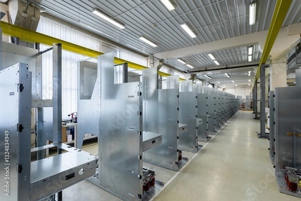 Obraz electrical cabinet housings, installation of components in production, assembly shop of metal electrical cabinets