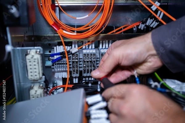 Obraz assembly of electrical cabinet components, installation of components in production, hands on site main plan
