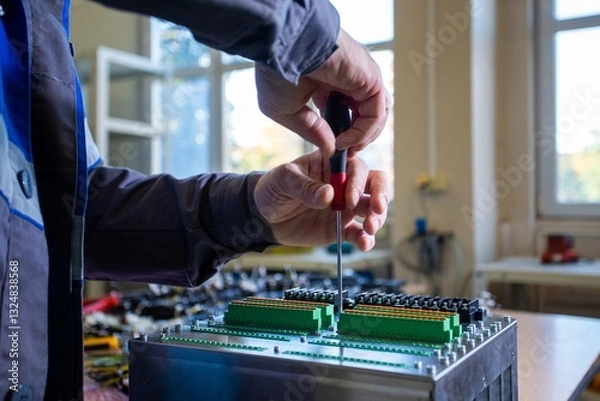 Obraz assembly of electrical cabinet components, installation of components in production, hands on site main plan