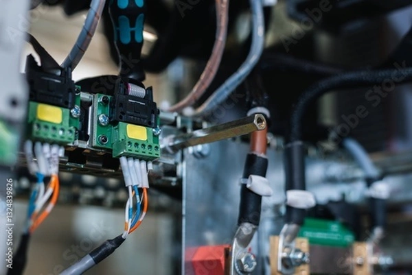 Obraz electrical cabinet with fuses, parts and components of electrical systems