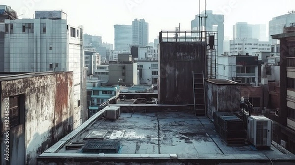 Fototapeta A cityscape view from a rooftop with surrounding buildings in sight