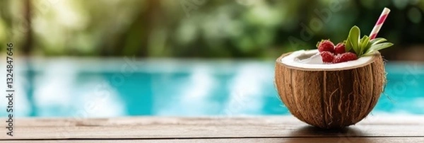 Obraz A refreshing coconut drink garnished with strawberries, offering a tropical vibe that's perfect for summer relaxation by the poolside or beach.