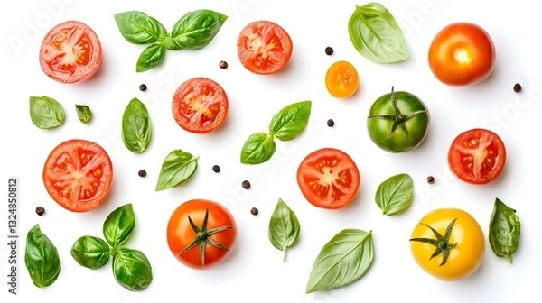 Obraz various colorful tomatoes and basil leaves
