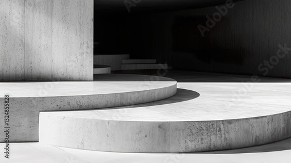 Obraz Abstract circular concrete steps with soft lighting and shadows, minimalist black and white design