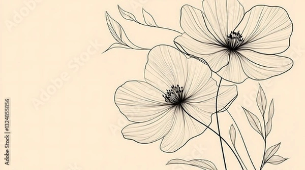 Fototapeta Delicate black lined flowers and leaves on a neutral background
