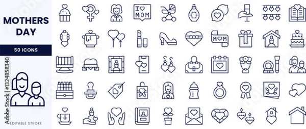 Fototapeta A collection of minimalistic line icons themed around Mother's Day, featuring gifts, symbols of love, and maternal figures.