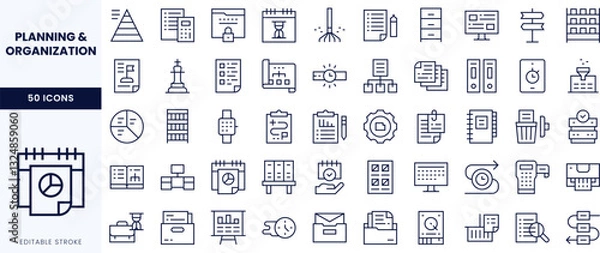 Obraz A collection of minimalist line icons representing planning and organization tools, showcasing a variety of symbols for effective management.