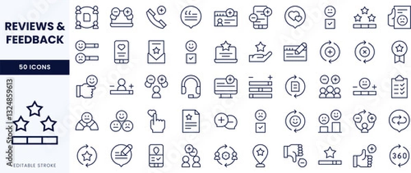 Obraz A collection of linear icons representing reviews and feedback, showcasing stars, comments, and ratings in a modern design.