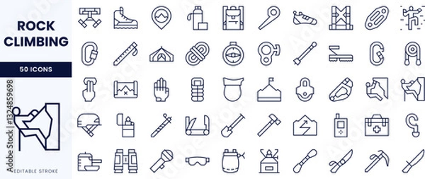 Obraz A collection of outlined icons related to rock climbing, featuring essential equipment and activities in a minimalistic design.