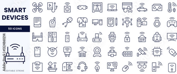 Fototapeta A collection of line icons representing various smart devices, including home gadgets, wearables, and entertainment technology.