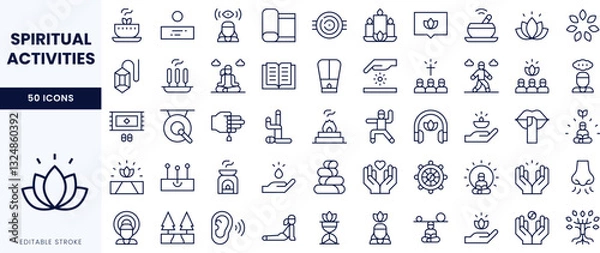 Obraz A collection of line icons representing various spiritual activities, including meditation, rituals, and community gatherings.