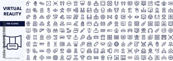 Obraz A comprehensive collection of line icons representing virtual reality concepts, technology, and gaming elements.