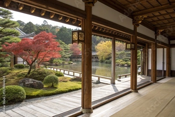 Fototapeta Japanese Temple Garden View Through Framework
