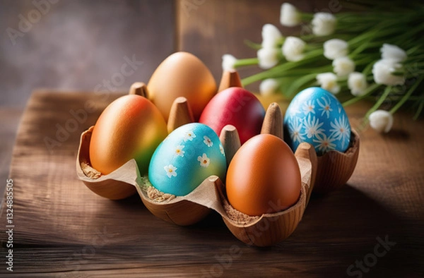 Fototapeta Painted Easter eggs in a wooden stand, on a wooden table, flowers in the background