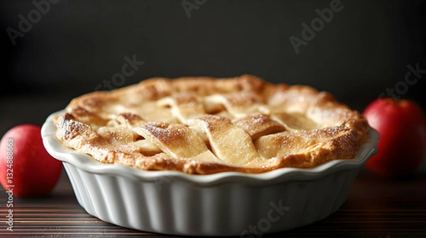 Fototapeta Freshly Baked Golden Brown Apple Pie In A White Ceramic Dish On A Rustic Wooden Table With Red Apples