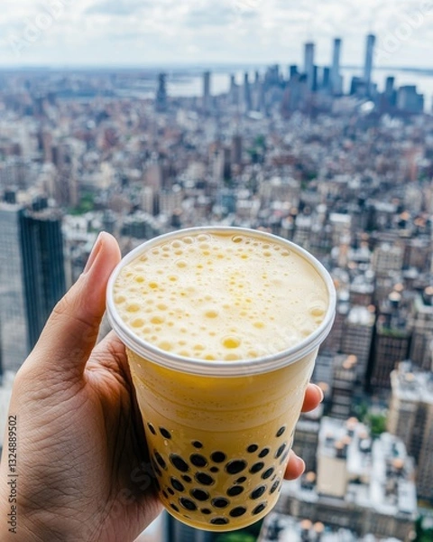 Obraz A refreshing bubble tea in New York's stunning skyline view.