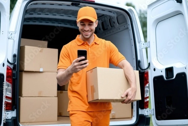 Fototapeta A smiling delivery driver in orange uniform uses a smartphone while holding a package in front of a van loaded with boxes