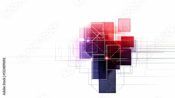 Fototapeta Abstract Geometric Composition with Red Blue and Purple Colored Squares Overlapping White Background with Transparent Effect