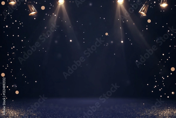Fototapeta Dark blue stage with golden spotlight lines and glitter texture for award ceremony design. Realistic 3d abstract premium elegant glamour background template for anniversary or winner rewarding.
